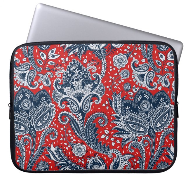 Capa Para Notebook Vermelho Branco & Azul Floral Paisley Boêmio Boho (Frente)
