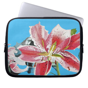 Capa Para Notebook Vermelho rosa Lily Lillies floral Azul Sua Alegria