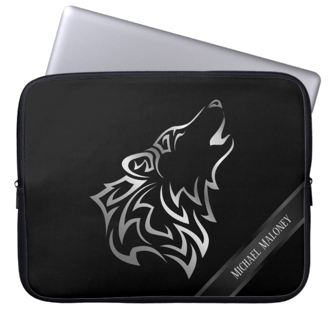 Capa Para Notebook Vetor do Monograma do Lobo Negro Silver (Frente)