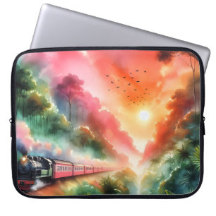 Capa Para Notebook Viagem de Trem Pôr do Sol Tropical em Aquarela