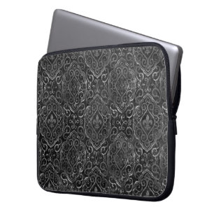 Capa Para Notebook Vintage Fleur de Lis   Black Silver Grunge Damask