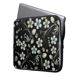 Capa Para Notebook Vintage Floral Pattern with Ladybugs on Black
