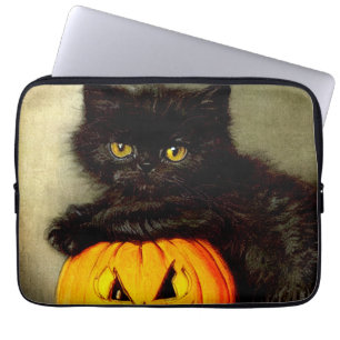 Capa Para Notebook Vintage Halloween Cat e Jack-o'-lantern