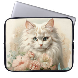 CAPA PARA NOTEBOOK VINTAGEM FLUFFY GATO BRANCO COM FLORES