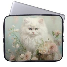 CAPA PARA NOTEBOOK VINTAGEM FLUFFY GATO BRANCO COM FLORES