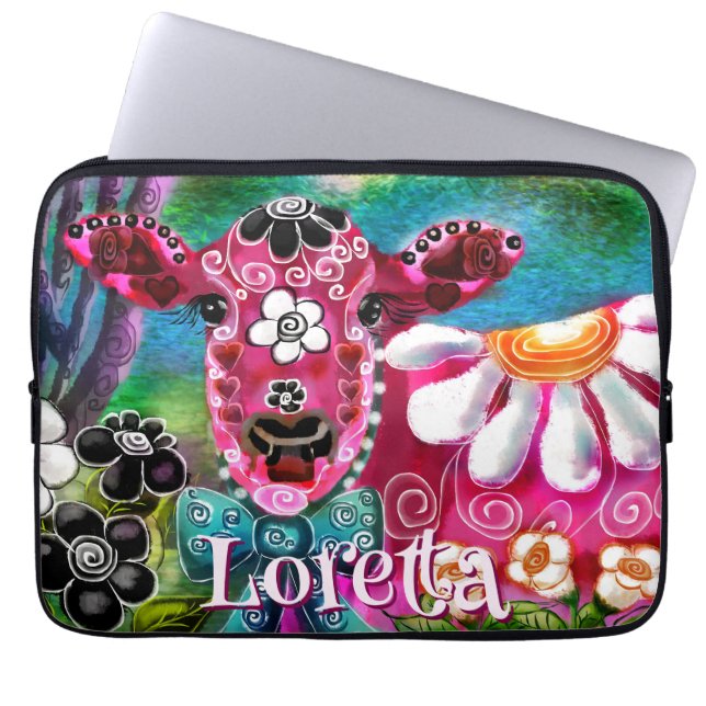 Capa Para Notebook Whimsical Floral Cow Pink Teal Black Personalized (Frente)