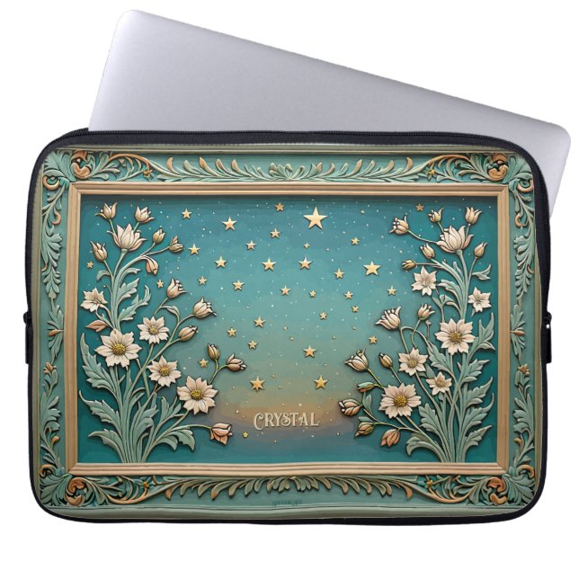 Capa Para Notebook Whimsical Wildflower Evening Art Nouveau Teal (Frente)