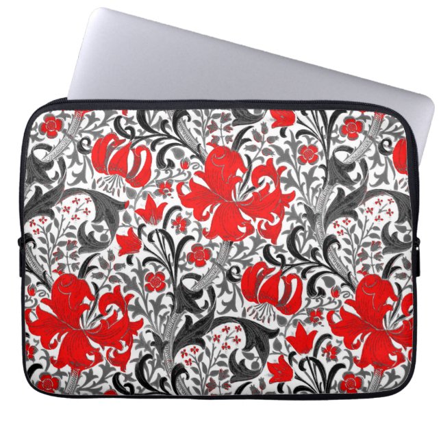 Capa Para Notebook William Morris Iris e Lily, Preta, Branca e Vermel (Frente)