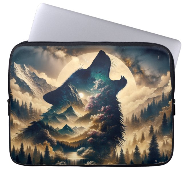 Capa Para Notebook Wolf Howling na lua numa noite nublada (Frente)