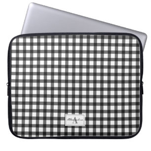Capa Para Notebook Xadrez de Gingham branco preto Monograma de padrão