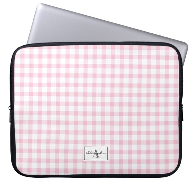 Capa Para Notebook Xadrez de Gingham Rosa Girly Verificada Monograma  (Frente)