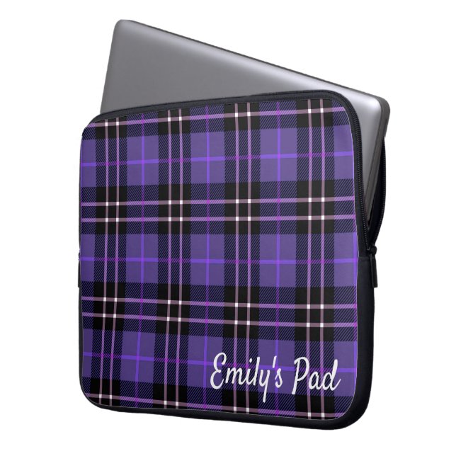 Capa Para Notebook Xadrez De Tartan Roxo Com Nome (Frente Esquerda)