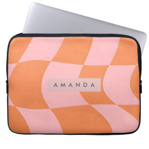 Capa Para Notebook Xadrez Laranja e Rosa Retro Ondulado Personalizado
