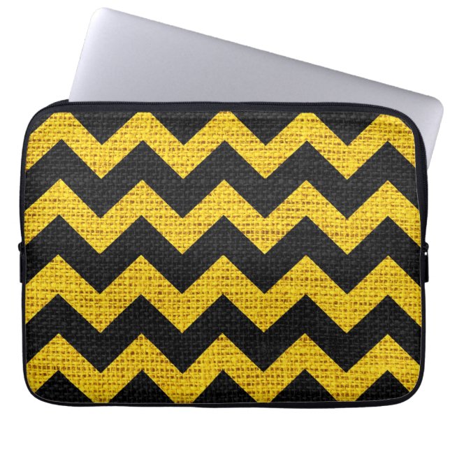 Capa Para Notebook Xadrez Preto e Amarelo Ziguezague em Burel Jute (Frente)