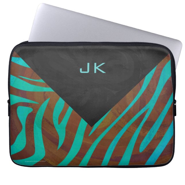 Capa Para Notebook Zebra Brown e Teal com Monograma (Frente)