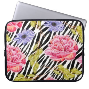 Capa Para Notebook Zebra impressa com cor-de-rosa-chic e floral roxo