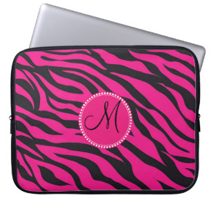 Capa Para Notebook Zebra Negra Preta, Rosa Quente, Monograma Inicial