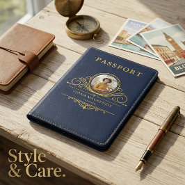 Capa Para Passaporte Elegante Foto Emoldurada Vintage Nome Cargo Azul M