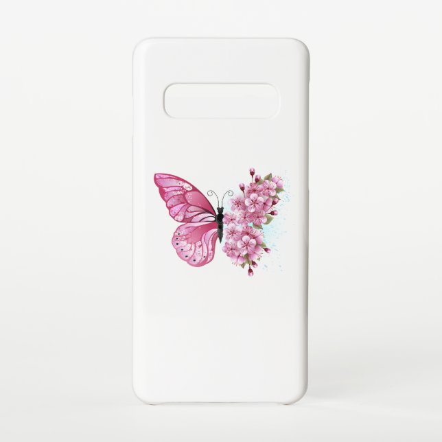 Capa Para Samsung Galaxy Borboleta Flor com Sakura Rosa (Verso)