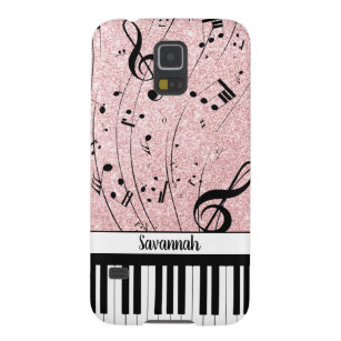 Capa Para Galaxy S5 Chic Piano Music Notes Rosa Dourado Glitter Name