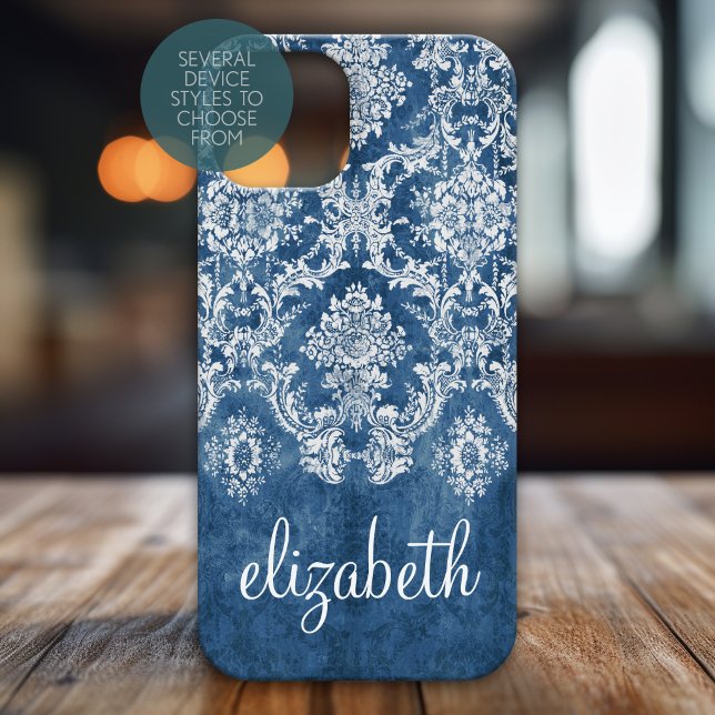 Capa Para Samsung Galaxy, Case-Mate Sapphire Blue Vintage Cor damasco e nome (Personalized Phone Case - Shabby Chic Vintage Damask Pattern with Custom Name)