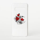 Capa Para Samsung Galaxy Crescente Mecânico com Rosas vermelhas<br><div class="desc">Contorno,  lua da crista mecânica com engrenagens,  decorada com rosas vermelhas com caules e folhas pretas em fundo branco. Steampunk</div>