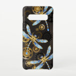 Capa Para Samsung Galaxy Dragões-do-galho-do-mar em fundo listrado castanho<br><div class="desc">Marcadores e teclas antigas com engrenagens de ouro e latão,  decoradas com libélulas mecânicas e boias em fundo castanho e listrado.</div>