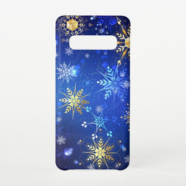 Capa Para Samsung Galaxy Fundo Azul XMAS com Flocos de Neve Ouro (Verso)