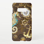 Capa Para Samsung Galaxy Fundo de madeira com cavalo de mar mecânico<br><div class="desc">Fundo de madeira castanho com fundo marinho,  cordilheira mecânica,  volante antigo,  âncora de ouro e diversas engrenagens de ouro e latão. Estilo Steampunk.</div>