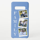 Capa Para Samsung Galaxy Perfuração de Foto Instantânea da Família Personal<br><div class="desc">Este design de fotos da família personalizada moderna apresenta uma colagem de três fotos de sua família ou crianças dentro de uma colagem de quadros de fotos instantâneas e a palavra "família" na tipografia moderna em um fundo azul-relâmpago. Este é o presente perfeito para a avó, vovô, mãe ou pai....</div>