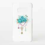Capa Para Samsung Galaxy Rosas Turquesas com Chaves<br><div class="desc">Chave de ouro antiga com rosas de turquesa de tendência,  decoradas com folhas de ouro branco e miçangas cor-de-rosa e azuis. Cor agradável. Rosas de turquesa. Ouro branco. Tifania azul.</div>