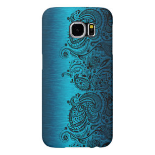 Capa Para Samsung Galaxy S6 Azul Aqua Metálico com rendas de salsa pretas