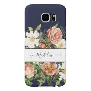 Capa Para Samsung Galaxy S6 Vintage Marinho Rosa n White Floral com Flores Bon