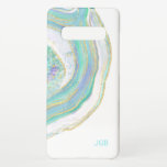 Capa Para Samsung Galaxy Turquesa e Padrão Agato Dourado com Monograma<br><div class="desc">Um belo padrão inspirado na natureza nas cores modernas modernas modernas, este design apresenta um padrão de agata marmoreado em aqua, turquesa, roxo e ouro sobre um fundo branco. Um modelo de texto é incluído para personalização com suas iniciais de monograma ou outro texto desejado. Você também pode excluir totalmente...</div>