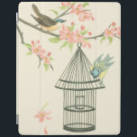 Capa Smart Para iPad Aves Pequenas Empoleiradas em uma ramificação e em<br><div class="desc">Nancy Slocum pintou muitas aves ao longo dos anos. Essa imagem retrata dois pequenos pássaros azuis e amarelos perdidos em um galho cercado por flores cor-de-rosa e que parecem curiosos sobre uma gaiola. Consiga esta legal peça de arte sobre pássaros no seu produto Zazzle hoje.</div>