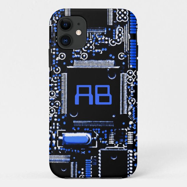 Capas de iphone de monograma azul de Circuito 2 (Verso)