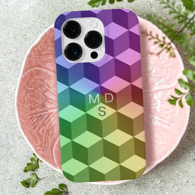 Capas de iphone de Monograma de Cubos Geométricos  (A colorful geometric cube pattern phone case with space for your initials)