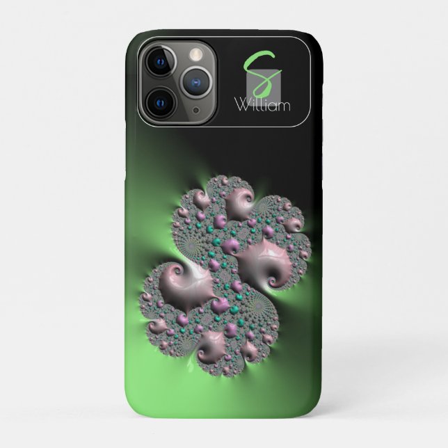 Capas de iphone de monograma fractal líquido verde (Verso)