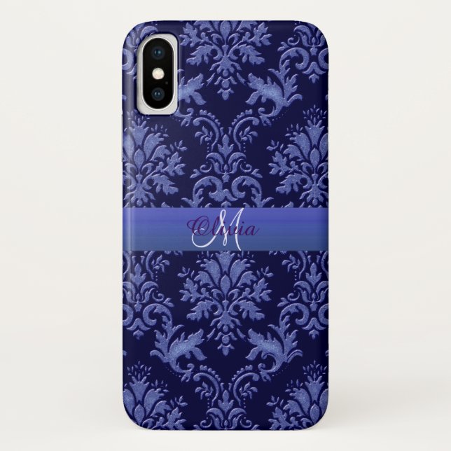 capas de iphone do Monograma Vintage Blue Damask (Verso)