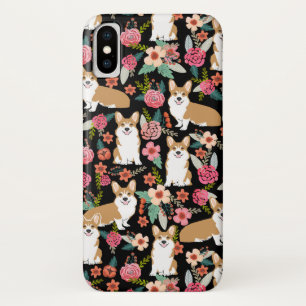 Capas de iphone florais do Corgi - preto