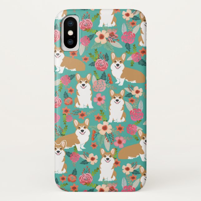 Capas de iphone florais do Corgi - turquesa (Verso)