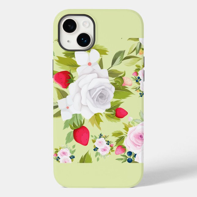 Capas de iphone Floral Verde (Seamless pattern with flowers, strawberries and blueberries on a light green background.)