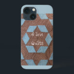 Capas - Padrão de inclinação - Castelo<br><div class="desc">Quilt bloqueia o padrão castelo castanho e azul. O "castelo" central é uma forma de estrela castanha, rodeada pela "parede lateral 6", com as "torres de relógio" a estender-se do meio das paredes. Dentro texto lê "I Love Quilts"</div>