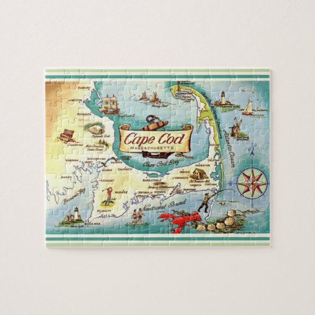 Cape Cod MA Vintage 8x10 Mapa Quebra-Cabeça (Horizontal)