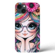 Capinha de Telefone Menina Chibi Cabelo Arco-Íris