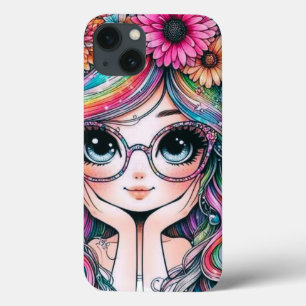 Capinha de Telefone Menina Chibi Cabelo Arco-Íris 