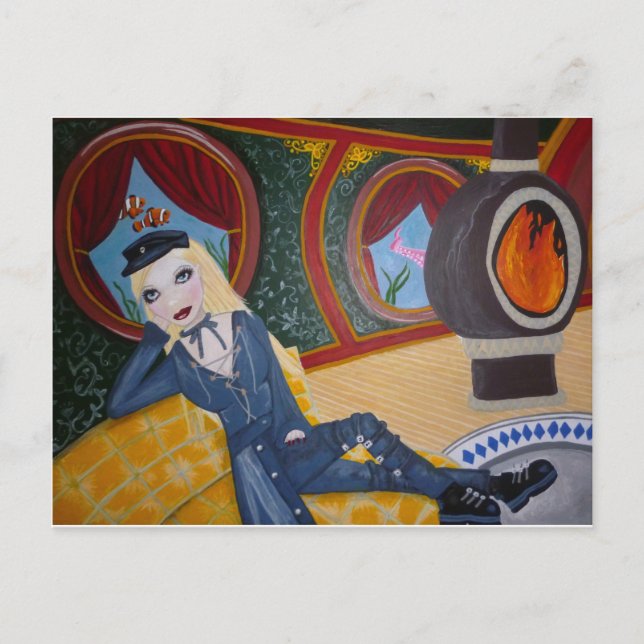 Capitão próximo do submarino Steampunk - cartão po (Frente)