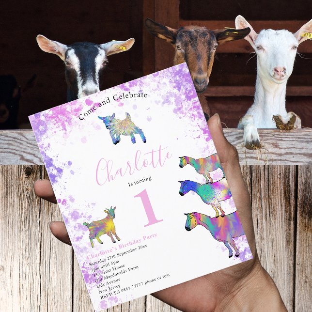 Caprina Fazenda Orçamento do Partido do primeiro a (Cute goats colorful farm animal watercolor art 1st birthday party pink budget invitation )