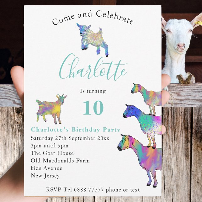 Caprinos Coloridos Animais Frescos 10º Aniversário (Cute goats farm animal themed 10th birthday party invitation with colorful animal art)
