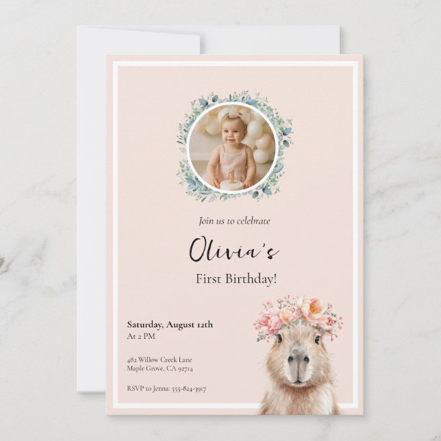 Capybara Birthday Invitation • Cute First Birthday (Frente)